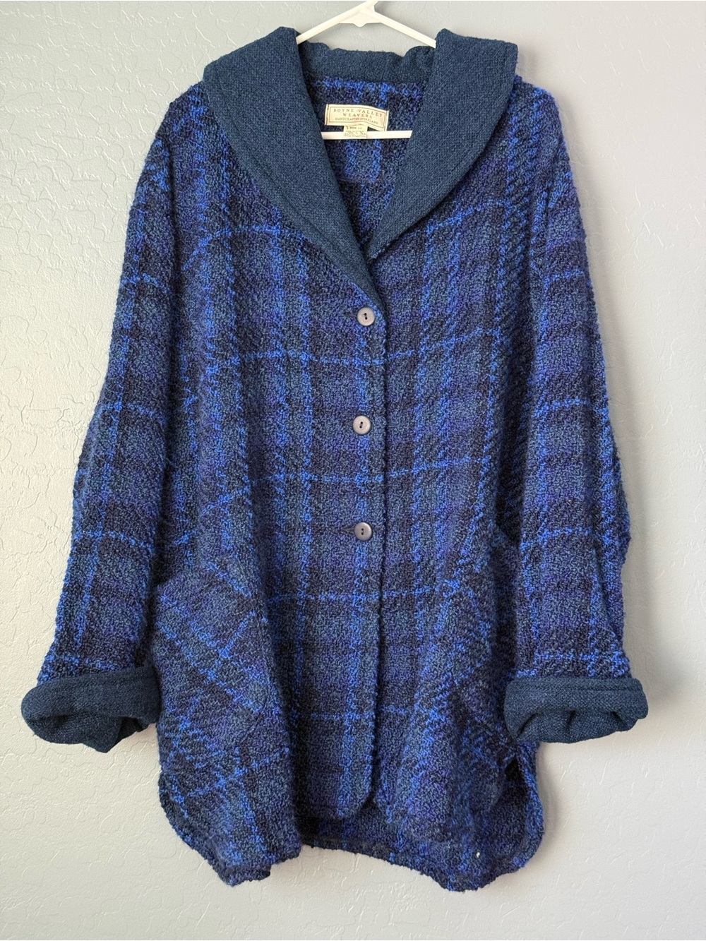 Boyne Valley Weavers Made in Ireland Vintage Blue Plaid Shawl Collar Coat 1X